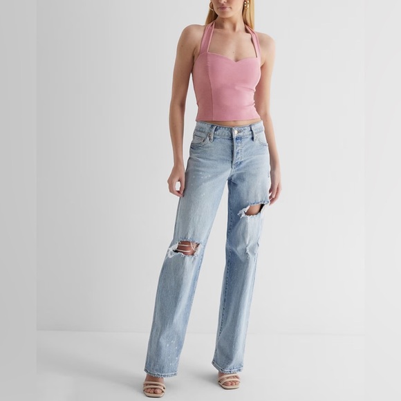 Express Low Rise Light Wash Ripped Baggy Relaxed Straight Jeans 8 8S 8 Short - Picture 11 of 15